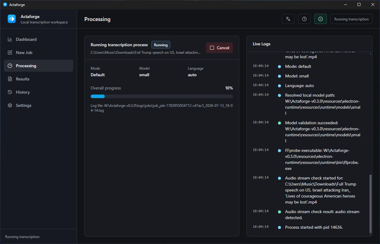 Actaforge-Verarbeitungsansicht mit laufender Transkription, Fortschritt und Live-Protokollen